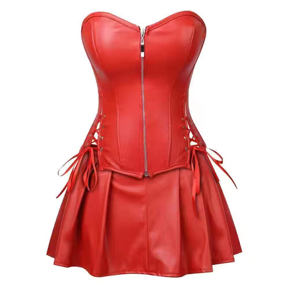 Women's Leather Corset Bodysuit with Zipper, Tummy Control, Gathered Design, High-Waisted, and Separate Skirt Set