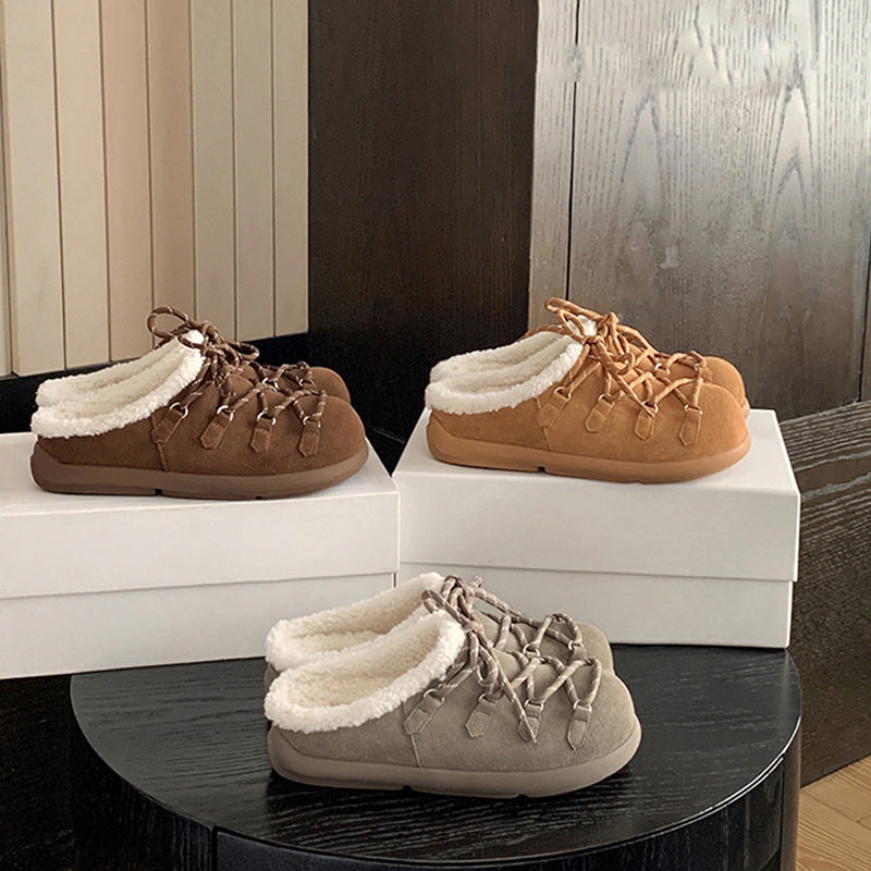 Autumn and Winter New Style Strappy Little Potato ~ Warm Strappy Thick-Soled Lamb Wool Birkenstock Slippers for Women with Toe Caps and Half Slippers