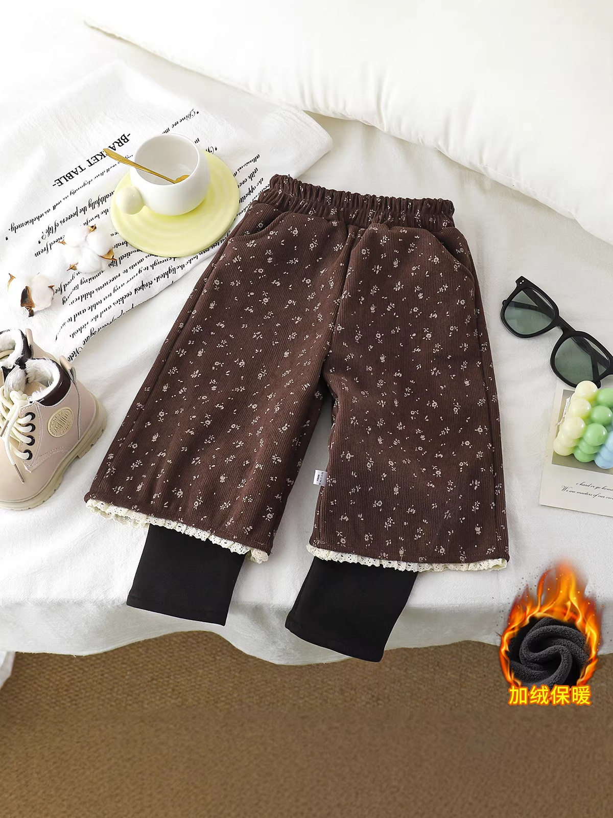 Girls' Stylish Forest Style Fleece-Lined Thickened Floral Polka Dot Fake Two-Piece Pants, New Winter Double-Layer Thickened Trousers