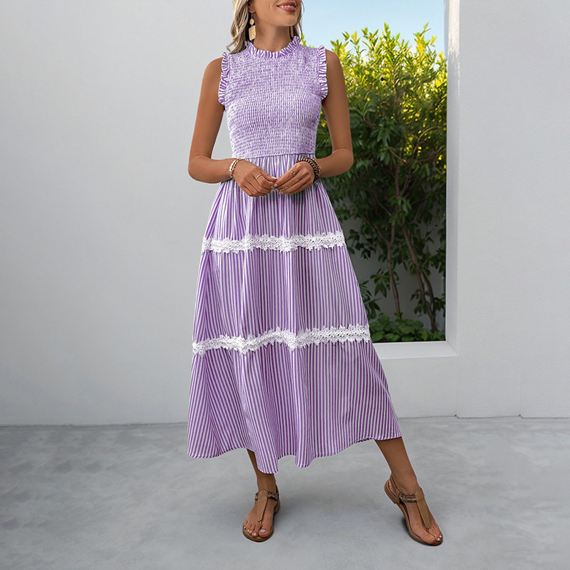 Summer Sleeveless Dress Sweet Lace Trim Striped Pattern Casual Style Perfect for Warm Weather Occasions Wholesale
