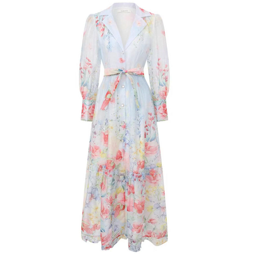 Floral Print Lantern Sleeve Dress Elegant Suit Collar Ruffled Hem Waist Defined Spring Autumn Vacation Wear