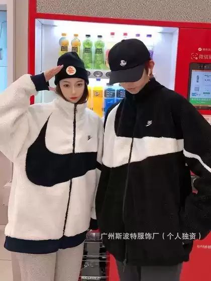 Cross-Border Winter Jacket Nk Fleece Large Hook Unisex Double-Sided Cotton Jacket Thickened Lamb Fleece Stand Collar Embroidery