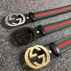 Cross-Border Popular Double g Red and Green Fabric Leather Belt for Men with Smooth Buckle, Genuine Leather Belt with Lettering, Fashionable and Versatile