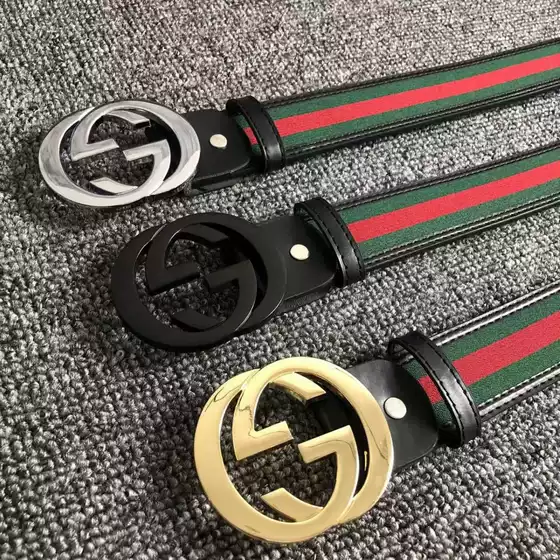 Cross-Border Popular Double g Red and Green Fabric Leather Belt for Men with Smooth Buckle, Genuine Leather Belt with Lettering, Fashionable and Versatile