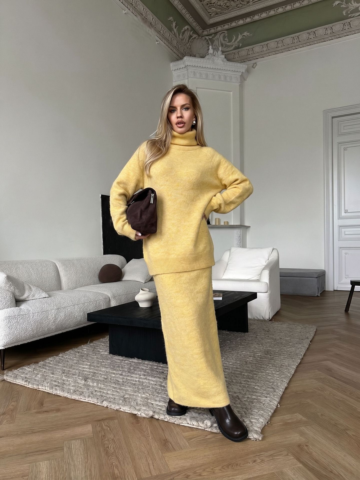 Womens Loose Knit Sweater and Wide Leg Pants Set Wool Blend Autumn Winter Casual Style Wholesale Available