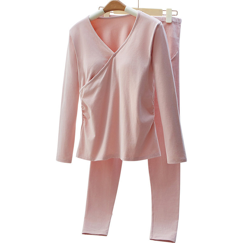 Pregnant Women's Autumn Clothes and Pants suit Pure Cotton Nursing Warm Underwear with Chest Pad Pregnant and Postpartum Nursing Pajamas Monthly Clothing