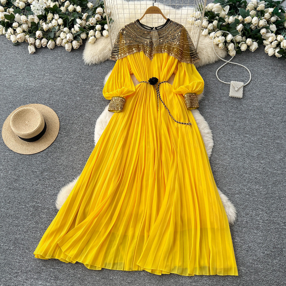 French Style Embroidered Beaded Sequin Mesh Lantern Sleeve Tie Waist Pleated Maxi Dress for Women Elegant Evening Wear