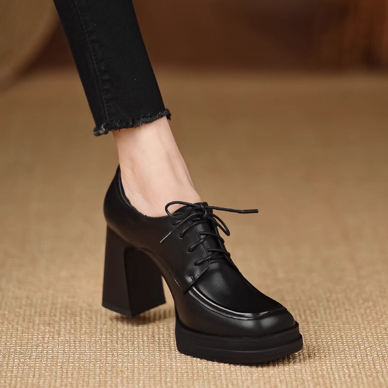 Giày cao gót nữ gót vuông 8.5cm mũi vuông da lì buộc dây — Màu đen