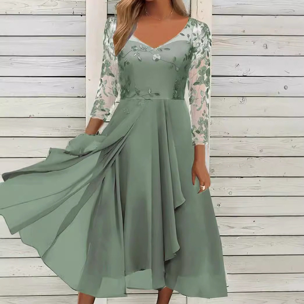 Chiffon V Neck Long Dress with Lace Inserts Elegant Evening Gown for Bridesmaids Available in Multiple Colors and Sizes