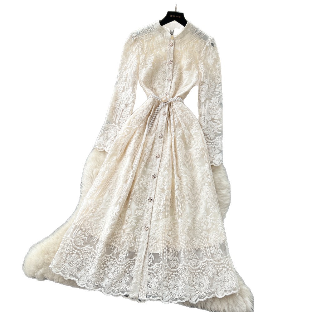 Elegant French High End Womens Dress Embroidered Button Down Waist Tie Long Mesh Skirt Autumn Collection