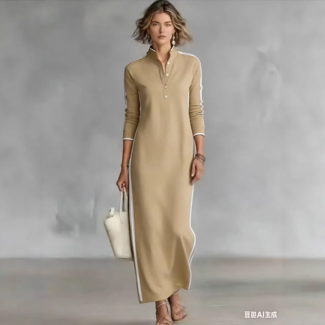 2026跨境外贸速卖通新款女士阿拉伯风格简约纽扣领长袖长款连衣裙