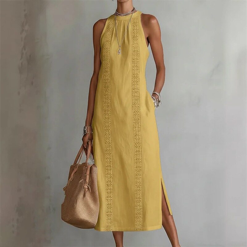Summer Womens Dress Loose Fit Solid Color Waist Defined Long Length Beach Vacation Style Wholesale Available