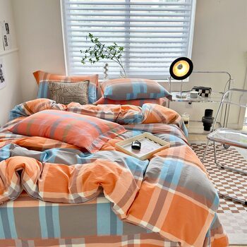 2024 New Aaa Version Live-Streaming Hot-Selling Pure Cotton Yarn-Dyed Washed Cotton Simple Four-Season Plaid Four-Piece Set