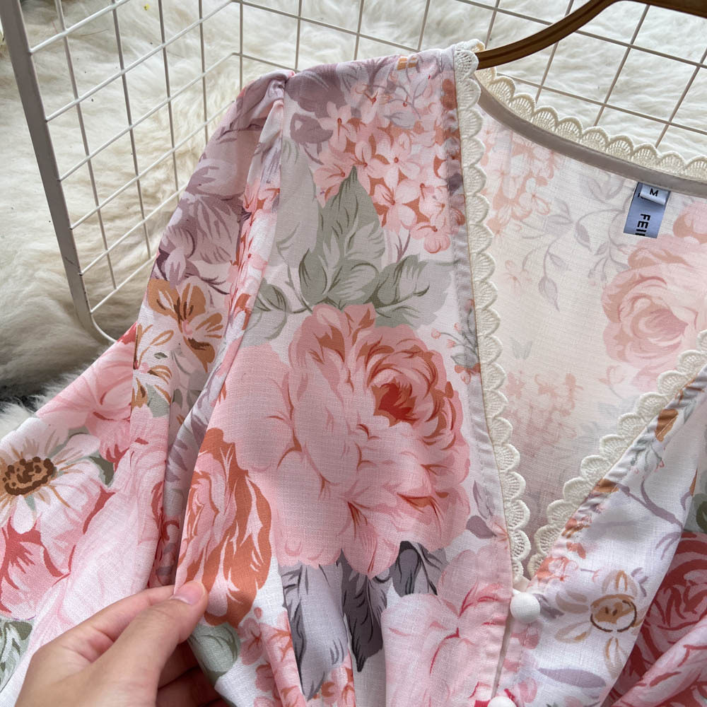 French Vintage Style Maxi Dress for Women Autumn Floral Print V Neck Tie Waist Button Closure Elegant Evening Wear