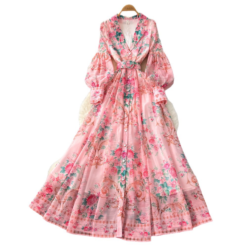 Floral Print Bell Sleeve Dress Long Sleeve Waist Tie A Line Silhouette Elegant Vacation Style Wholesale Available