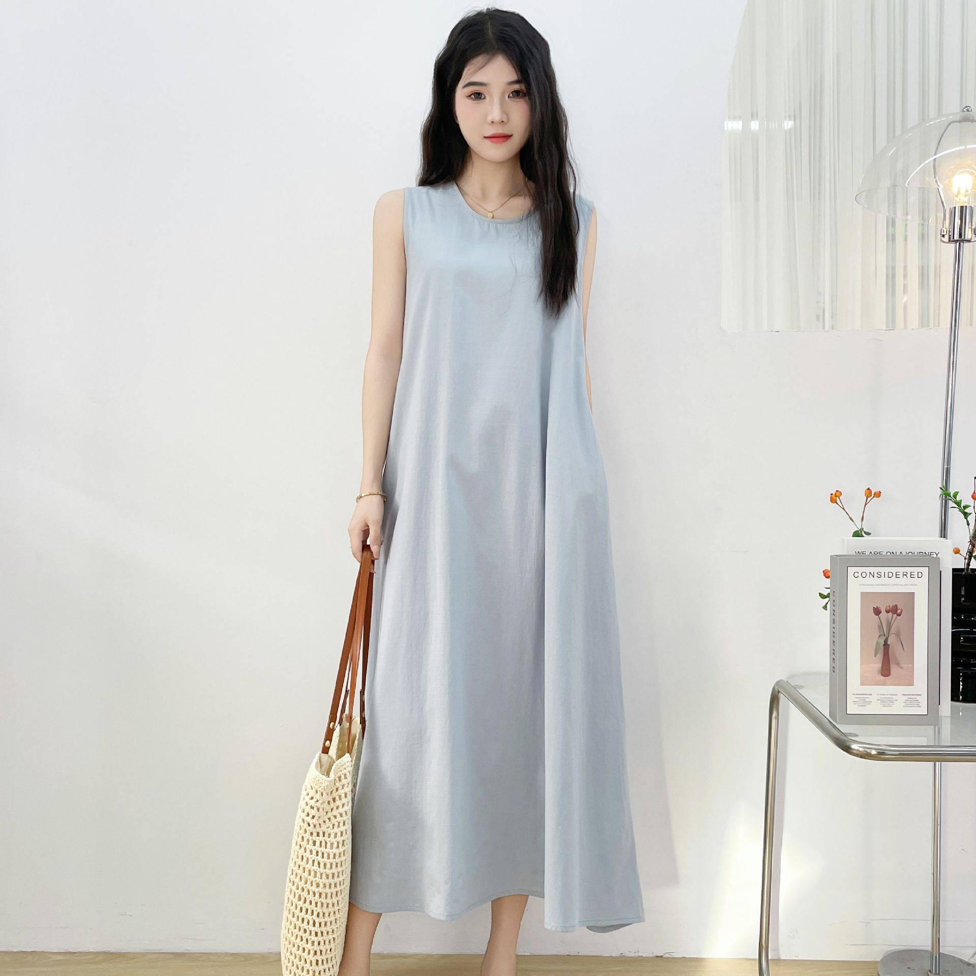 Summer Maxi Dress Loose Fit Round Neck Sleeveless Solid Color Casual Style for Everyday Wear Wholesale Available