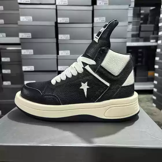 Ro Collaboration Star Black and White High-Top Men's Shoes, Genuine Leather, Thick-Soled, Height-Increasing, Trendy, Versatile, Dark Style, Couple's Sneakers