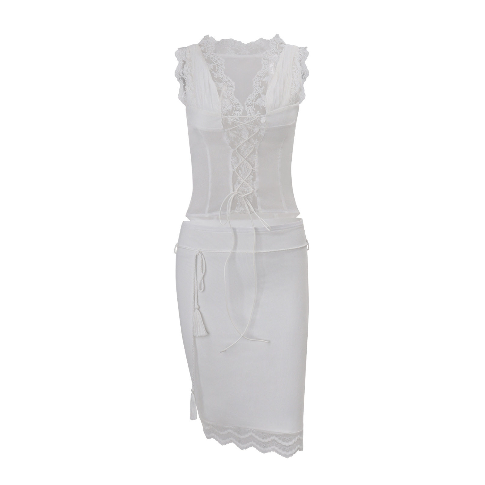 Lace Trim Tie Front Top and Bodycon Mini Skirt Set Sexy Slim Fit Spring Perfect for Parties or Night Out Wholesale