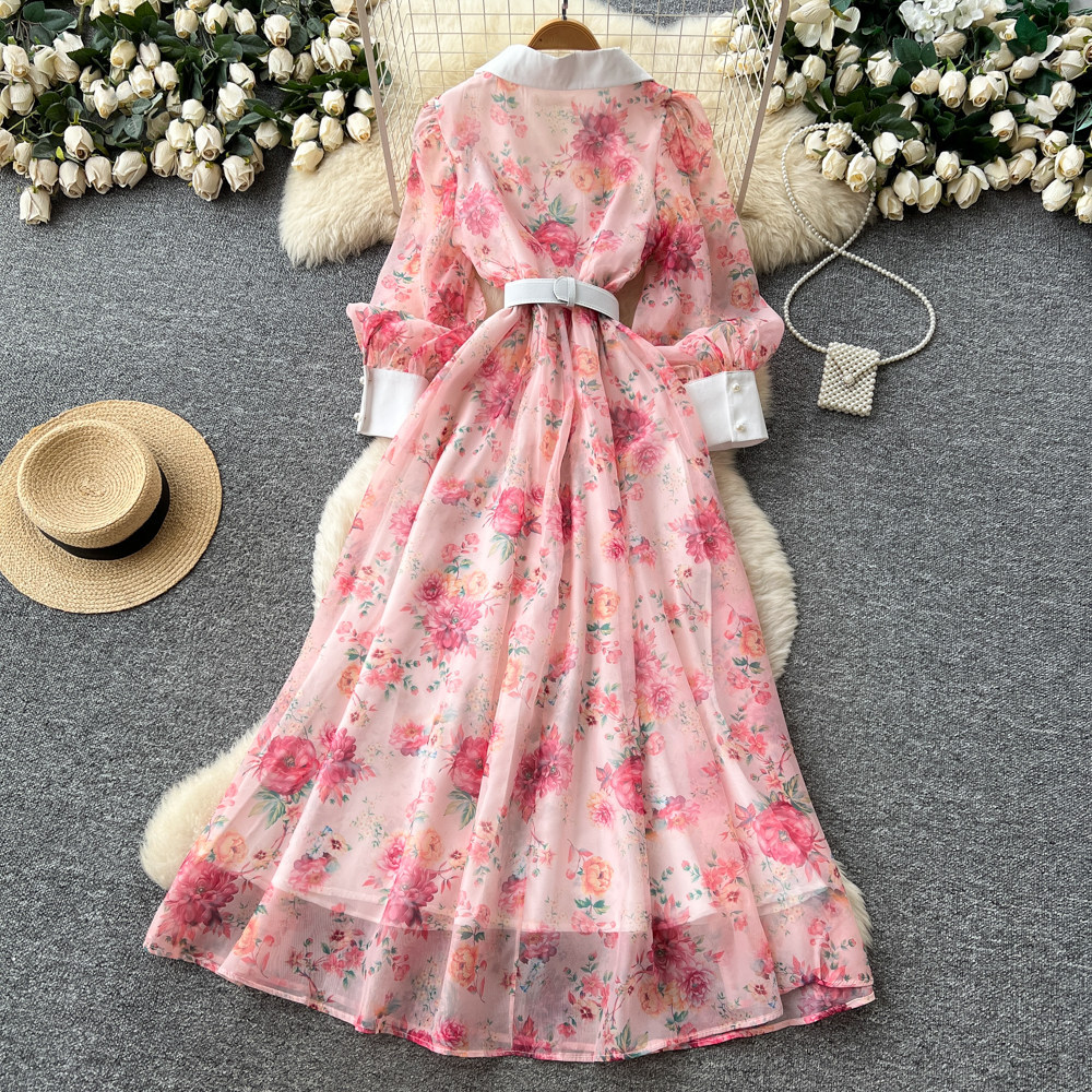 French Romantic V Neck Lantern Sleeve Floral Maxi Dress Slim Fit Waist Defining A Line Silhouette Perfect for Spring