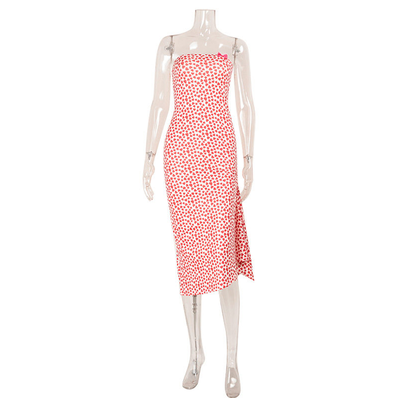 French Romantic Style Womens Strapless Bodycon Dress with Heart Print Slim Fit Long Length Perfect for Dates