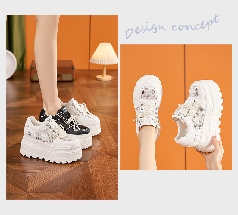 Giày sneaker nữ chunky đế dày trắng phối lưới thoáng khí — Trắng, Đen chi tiết 5