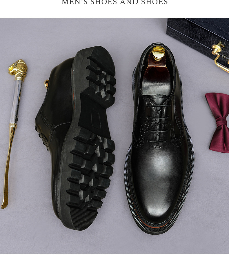 Giày Oxford nam da bò đế dày chạm khắc brogue mũi tròn — màu đen, Màu be