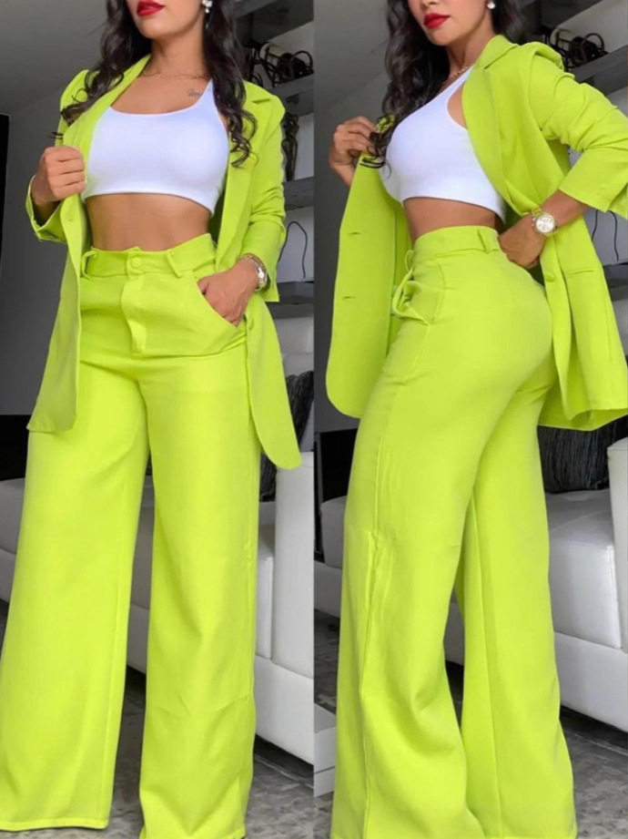 Cross-Border 2025 European and American Export Summer Women's Clothing Elegant Pure Color Slit Sleeves Lapel Suit Straight Pants Suit for Women