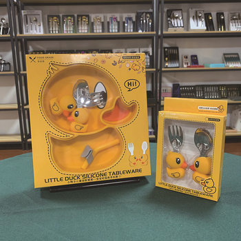 304 Stainless Steel Spoon and Fork Kidsren's Silicone Dinner Plate Cartoon Little Yellow Duck Infant Food Supplement Plate Tableware Set