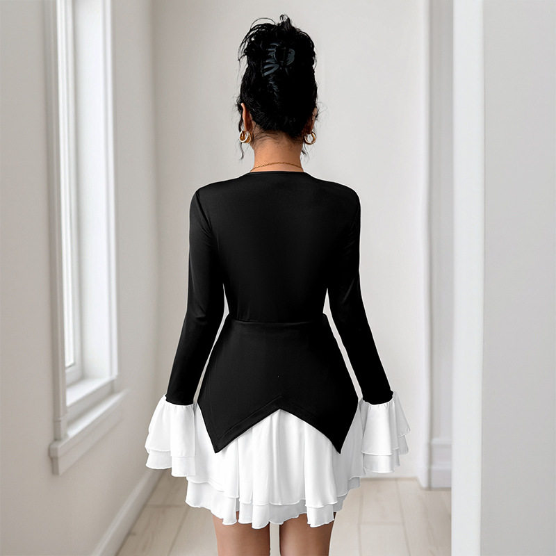 Color Block Long Sleeve Dress Black and White Casual Dating or Spring Fall Wear Wholesale Available