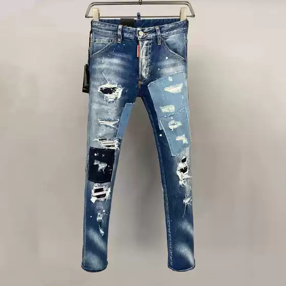 2025 Spring/Summer New D2 Trendy Men's Washed Distressed Patched Vintage Slim Fit Blue Skinny Jeans for Men