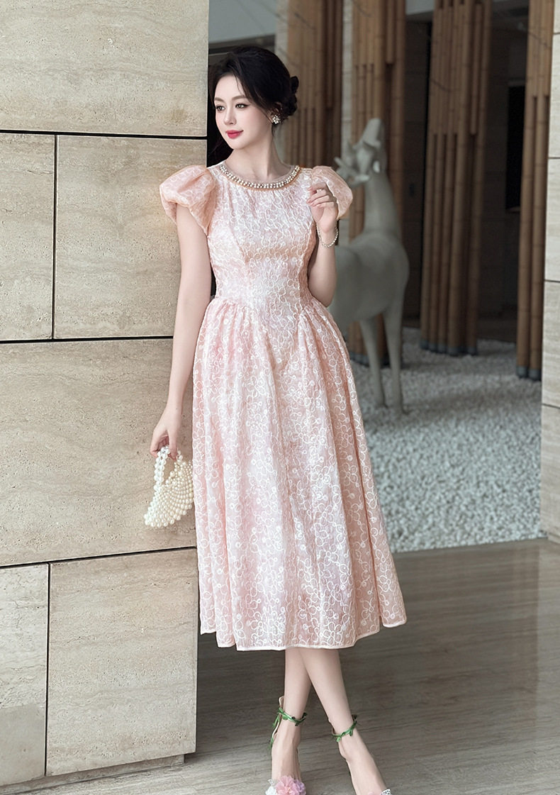 Đầm ren maxi nữ tay phồng eo cao dáng chữ A — [Hồng], [Mơ] chi tiết 17