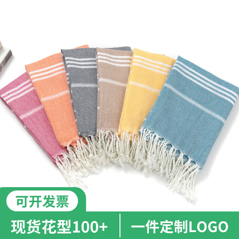 Cross-border Hot Selling Turkish Tassel Beach Towel Yarn-dyed Striped Polyester Cotton Absorbent Increased Swimming Bath Towel