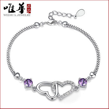 Weihua fashion cute simple silver plated jewelry women's natural amethyst heart bracelet fashion