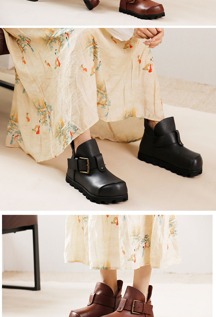 Boot nữ cổ thấp da bò thật đế bằng phong cách cổ điển — Màu đen, Màu nâu đậm