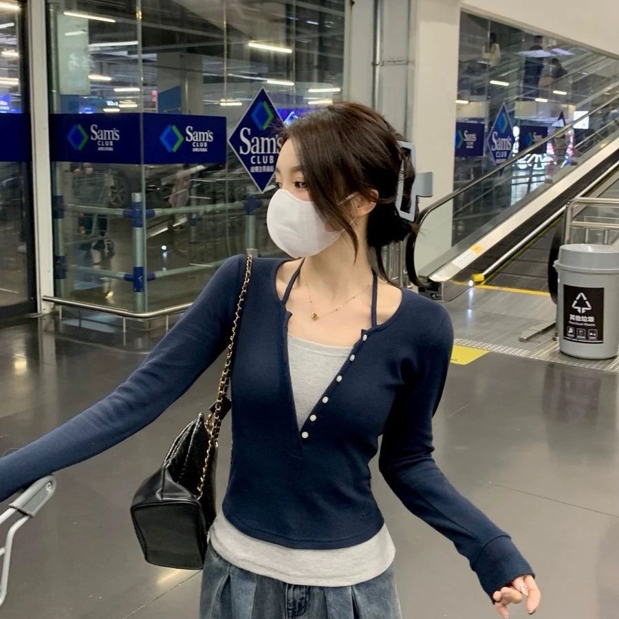Slim Fit Color Block Long Sleeve T Shirt with Button Design Korean Style Spring Fashion Wholesale Available