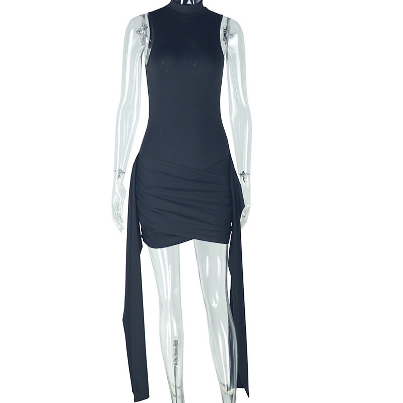 Fashionable Womens Bodycon Dress Ruffled Color Block Tie Detail Casual Short Sleeve Stand Collar Wholesale