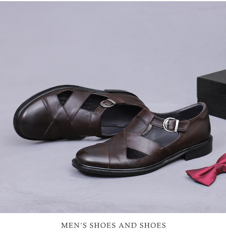 Sandal da bò nam bít mũi khóa cài thoáng khí đi làm — Màu đen, Màu cà phê