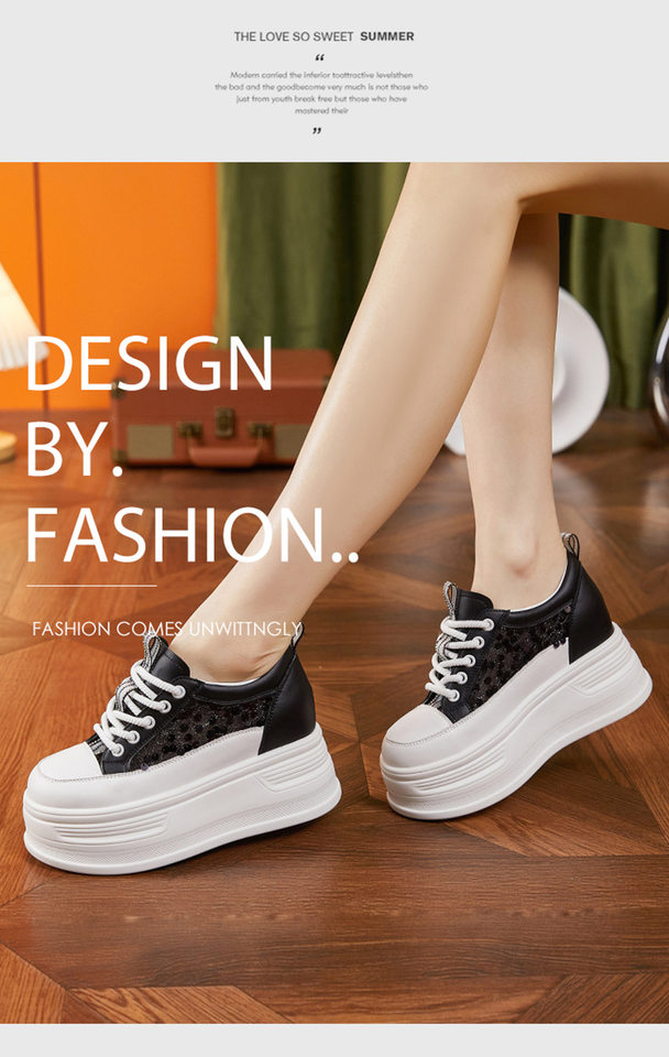 Giày sneaker nữ chunky đế dày lưới thoáng khí phong cách platform — Trắng, Đen chi tiết 9