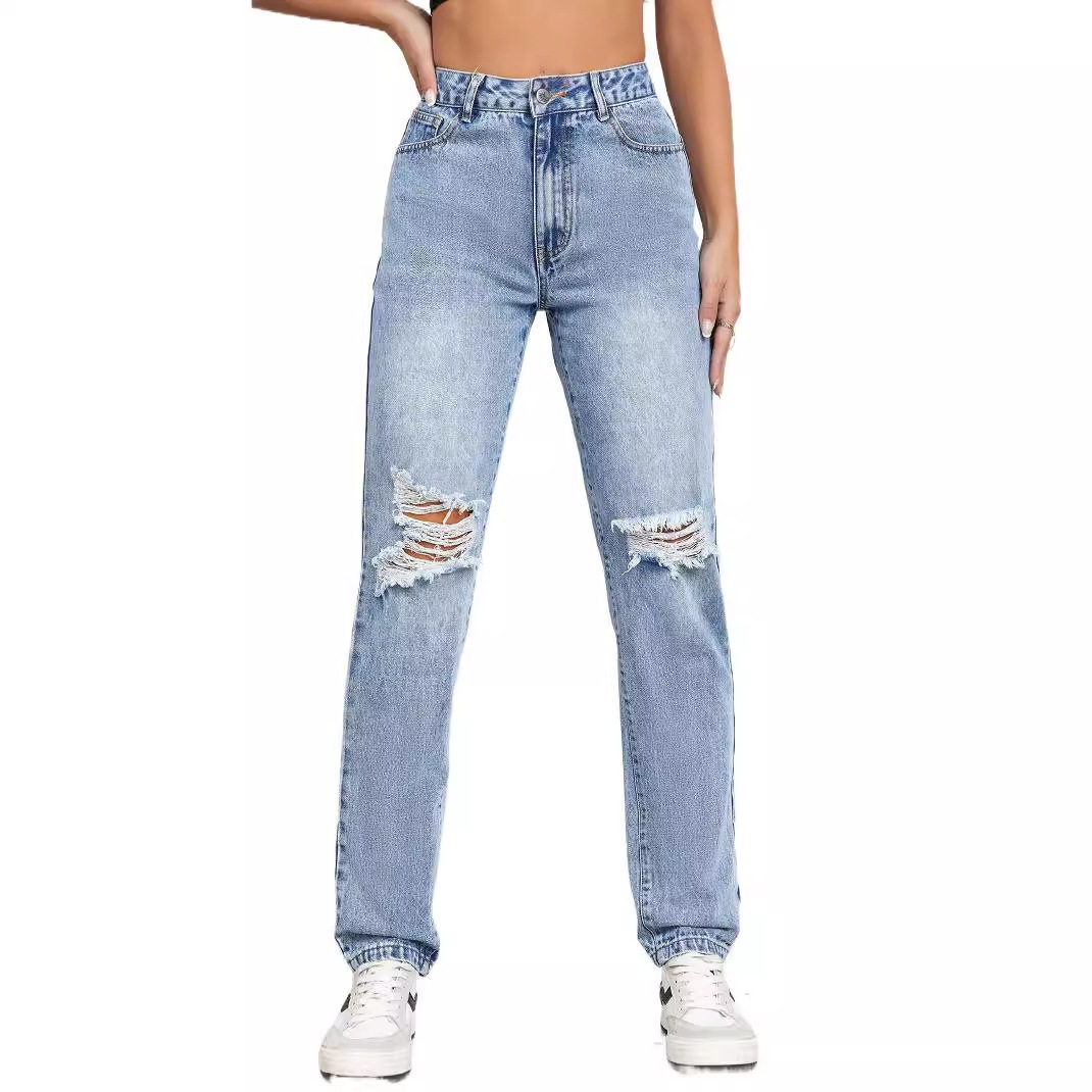 High Waisted Distressed Fringe Jeans Slim Fit Trendy Design Casual Style Wholesale Available