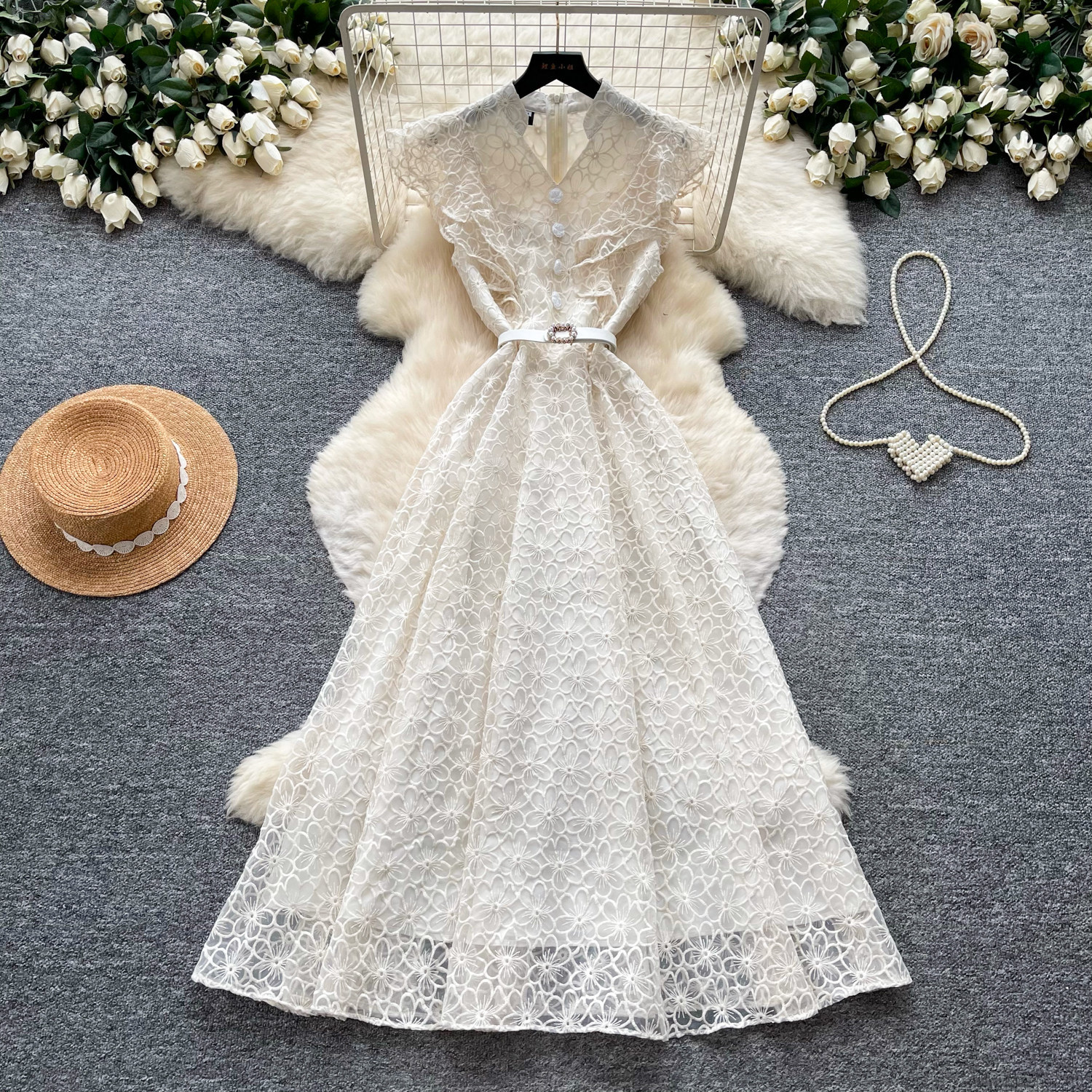 Sleeveless A Line Lace Dress High Waist Hollow Out Elegant Style Summer Casual Wear for Women Wholesale Available