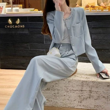 Early Autumn Outfit Set for Women: Professional, Youthful, Elegant, Casual, Trendy Wide-Leg Pants Two-Piece Set, Slimming