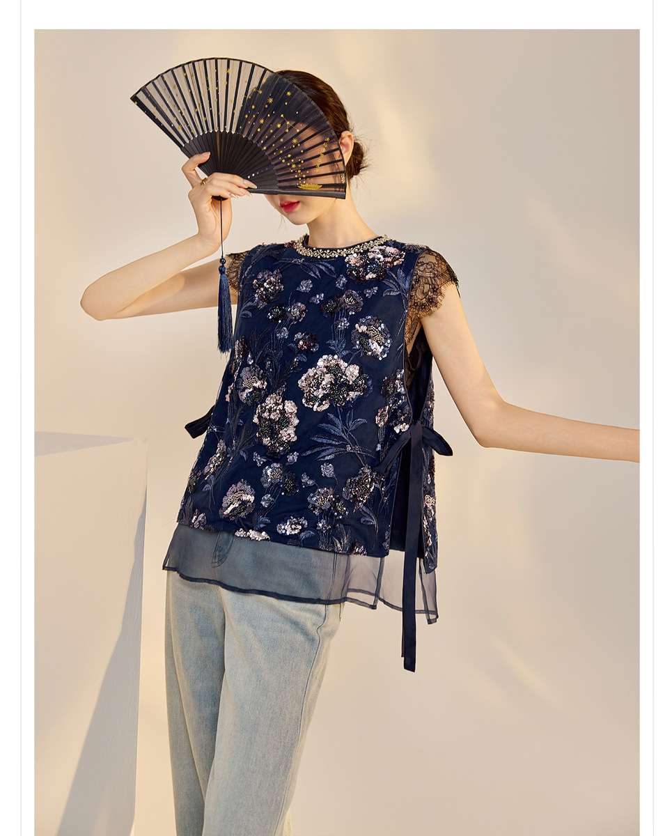 Áo vest nữ thêu cườm đính đá cổ tròn phối hoa văn — Jiyue Blue (giao hàng trong 7 ngày), Jiyue Blue (phát hành cùng ngày)