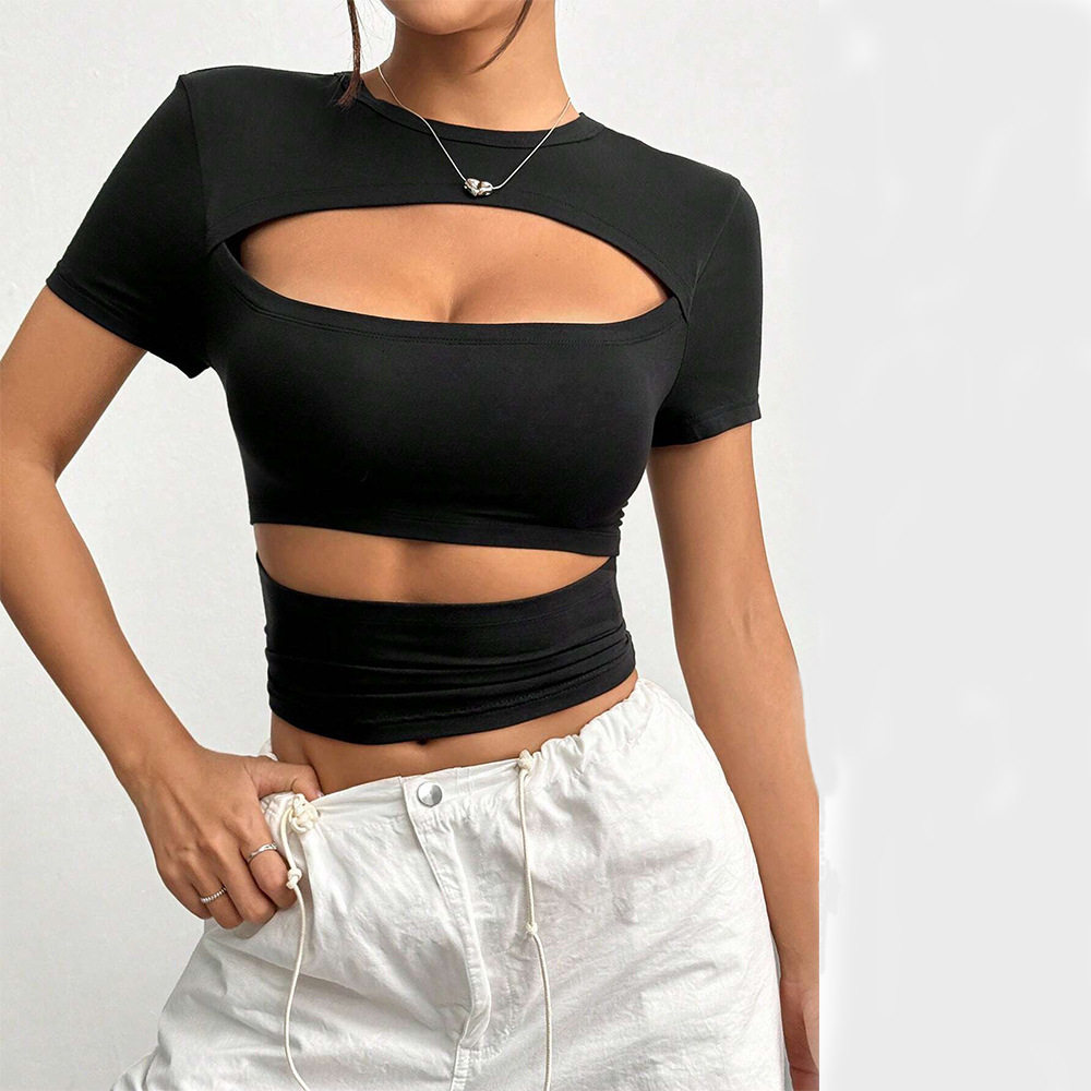 Summer Womens T Shirt Short Sleeve Hollow Out Y2K Style Solid Color Casual Wear for Everyday Use Wholesale