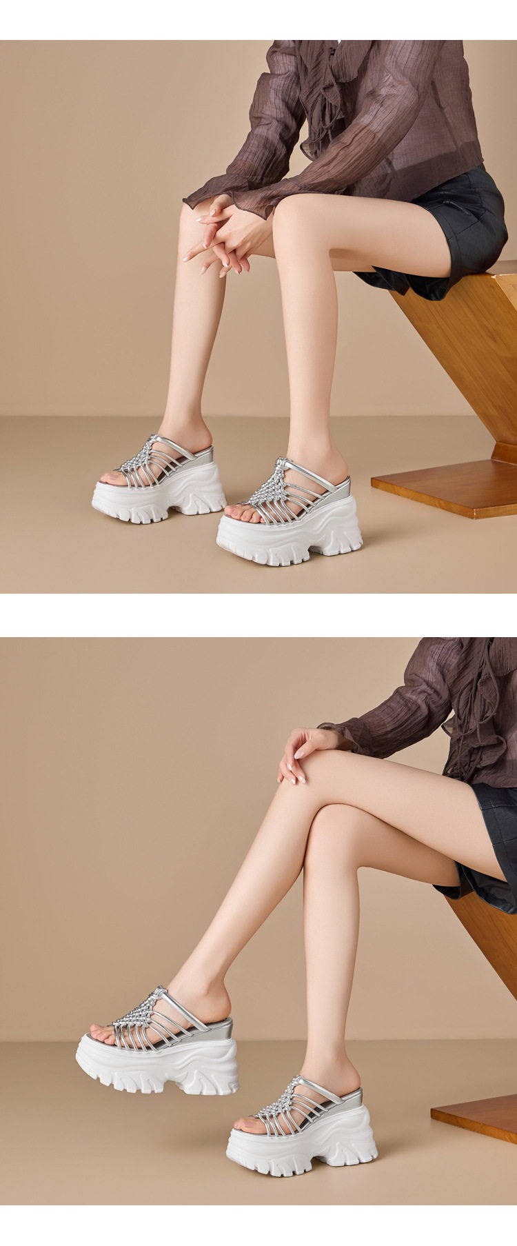 Dép sandal nữ quai chữ V đan dây mùa hè — [Vàng nhạt], [Bạc] chi tiết 4
