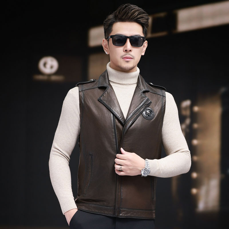 Áo Gile Da Nam Da Cừu Kiểu Biker Mỏng Phong Cách Thời Trang Màu Đen, Nâu