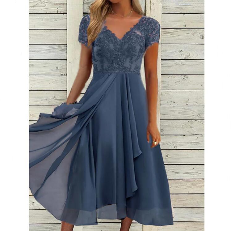 Chiffon Lace Long Dress for Women V Neck Elegant Evening Gown Available in Blue and Green Wholesale with Low MOQ