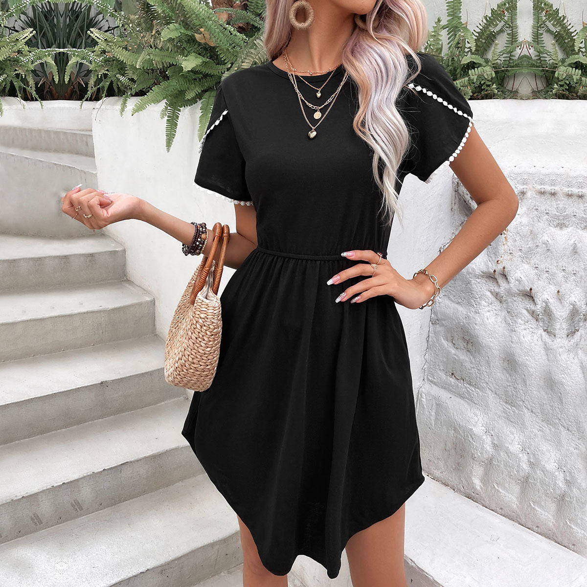 Womens Black T Shirt Dress Sweet and Simple Design Round Neck Lace Trim Short Sleeves Casual Wear Ready to Ship