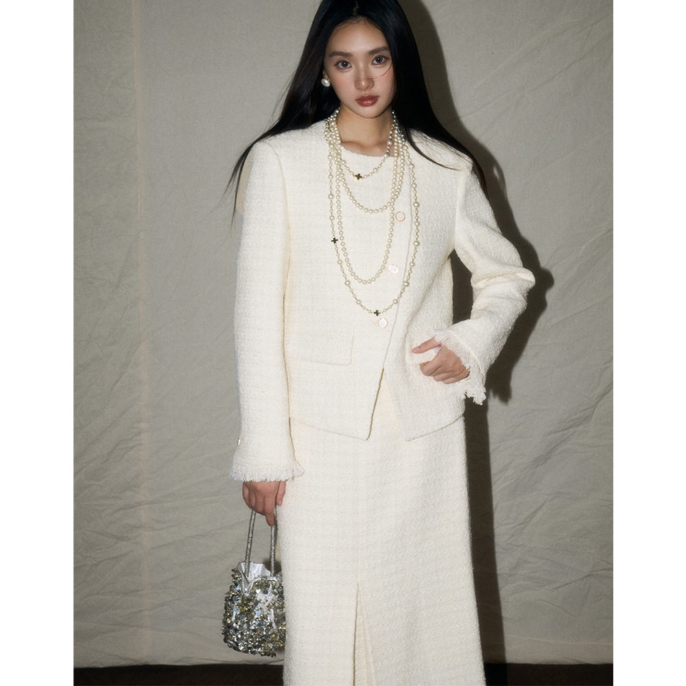 翡格依2026春季新款法式高级感白色小香风羊毛呢外套半身裙套装女,淘宝优惠券,粉丝福利购,淘宝优惠卷