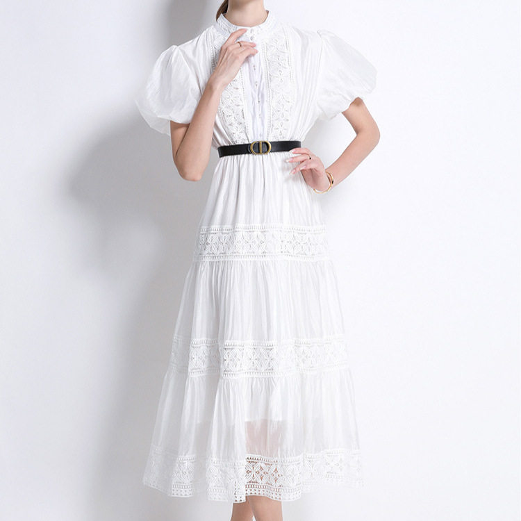 Summer Vintage Lace Hollow Out Long Maxi Dress with Round Neck Button Closure Puff Sleeves and Belt Elegant Womens