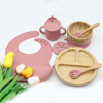 Cross-border Bamboo Children's Bib Round Dinner Plate Bowl with Silicone Suction Cup Baby Supplemented Tableware suit